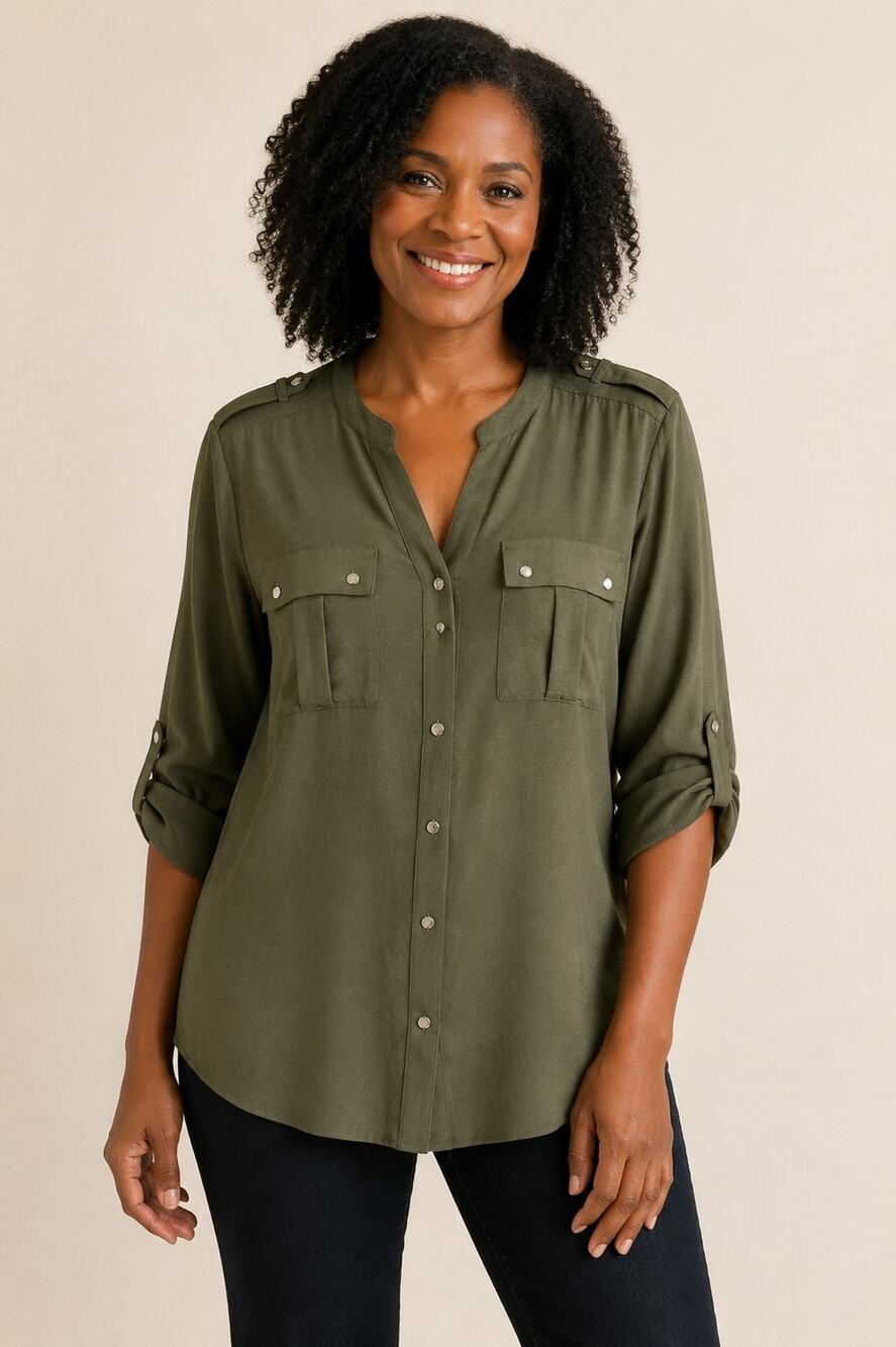 Calvin Klein Blouse Women’s Large Olive Green Roll Tab Sleeve Silver Buttons